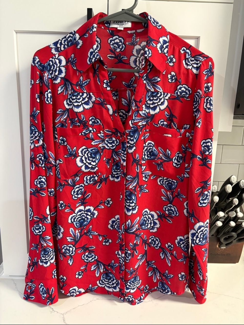 Express Red Floral Button-Down Shirt with Blue and White Print